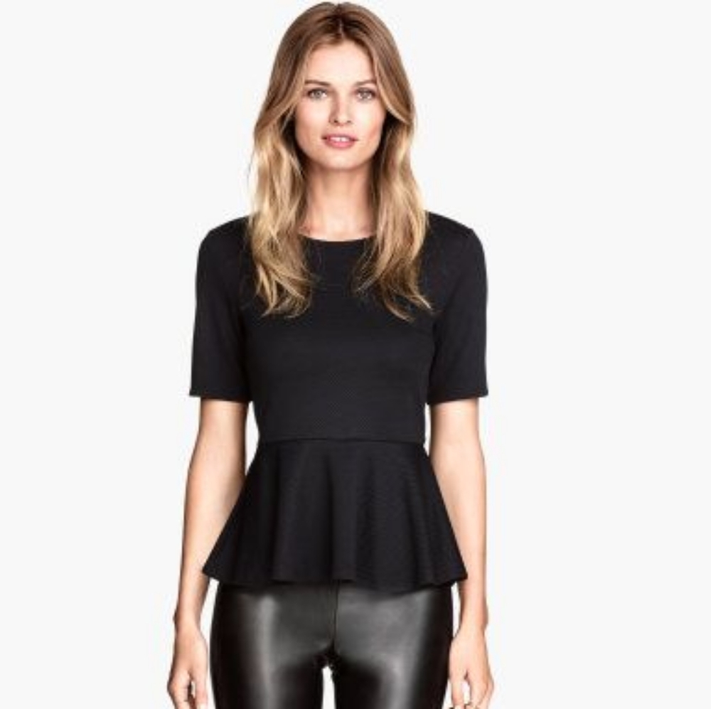 H&M Black Modern Textured Peplum Top Blouse Large